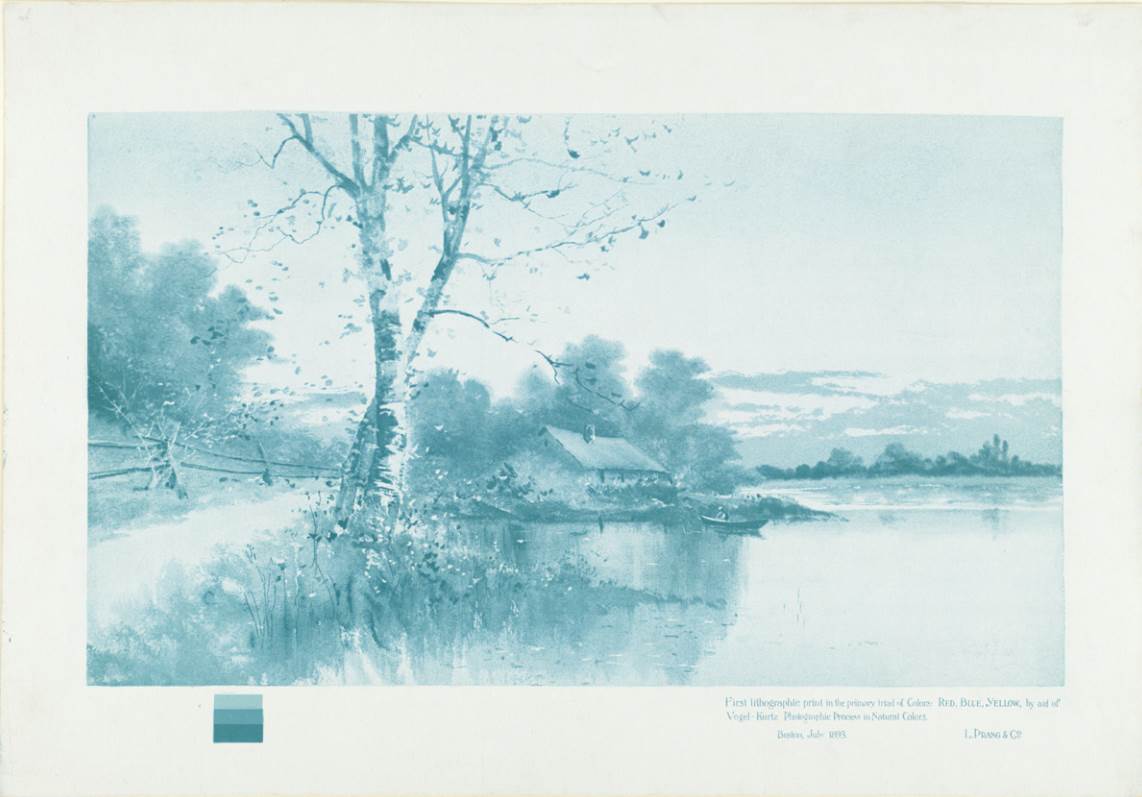 First lithographic print in the primary triad of colors blue by Boston Public Library